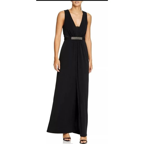 HALSTON HERITAGE NWT Jewel Waist Crepe GOWN Maxi DRESS Size 8 BLACK - Picture 11 of 11
